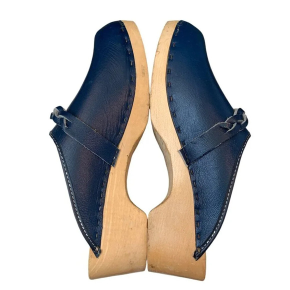 J. Walkley Clogs Shoes Womens 7.5 Blue Slip On  Plaited Strap Leather Wood - Picture 6 of 10
